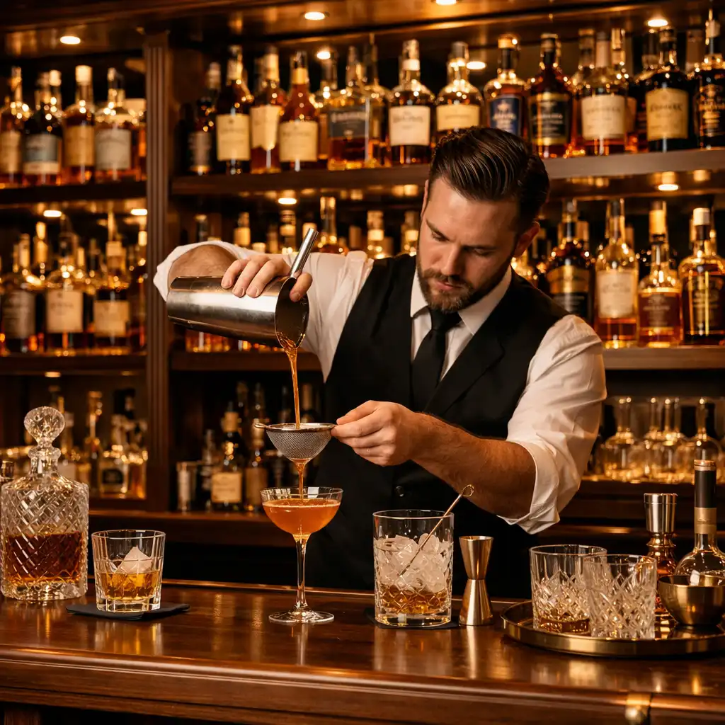 Bar area with whisky bottles and a bartender pouring a cocktail