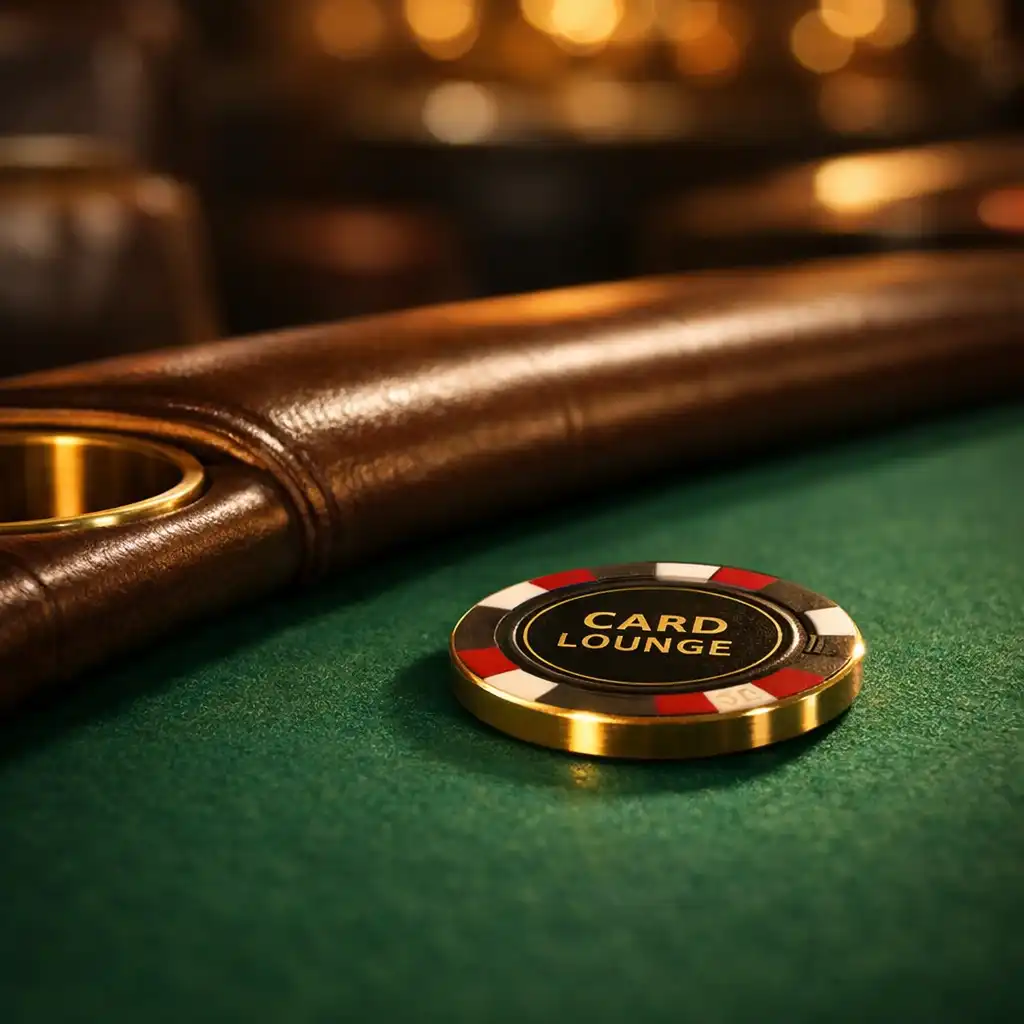 Close-up of a premium poker table with green felt, brass cup holder, and a single poker chip