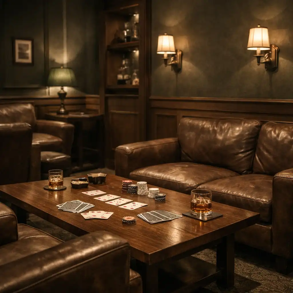 Intimate card lounge with leather armchairs, low wooden table, and soft ambient lighting