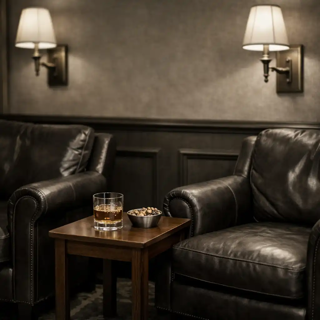 Comfortable leather armchairs and a walnut side table in the Card Lounge