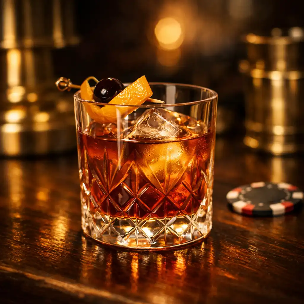 Craft cocktail in a crystal glass on a dark wooden bar with brass accents