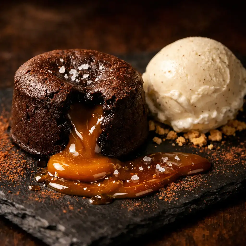 Dark chocolate fondant with salted caramel and vanilla bean ice cream on a dark slate