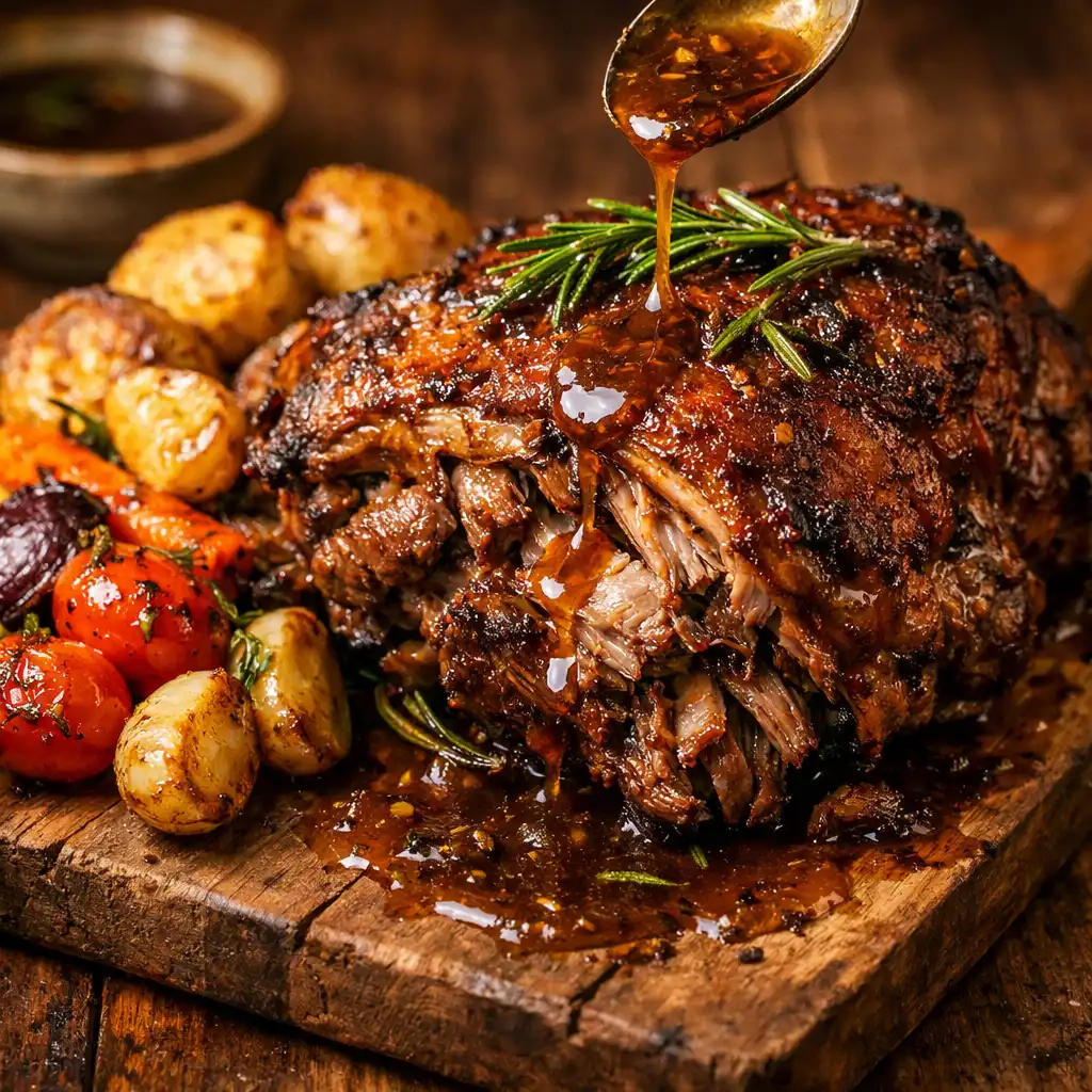 Slow-cooked lamb shoulder with rosemary jus on a rustic wooden board