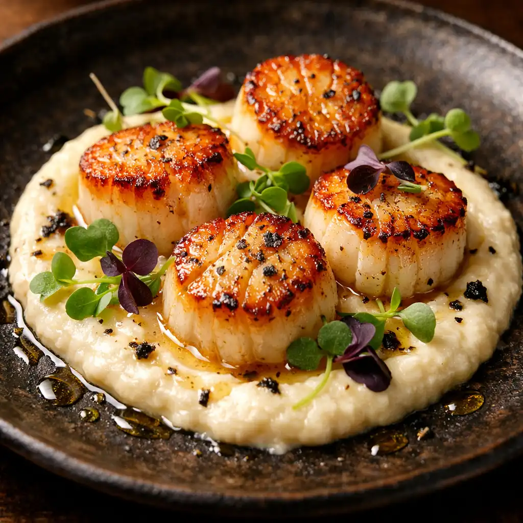 Seared scallops with cauliflower purée and truffle oil on a dark stoneware dish