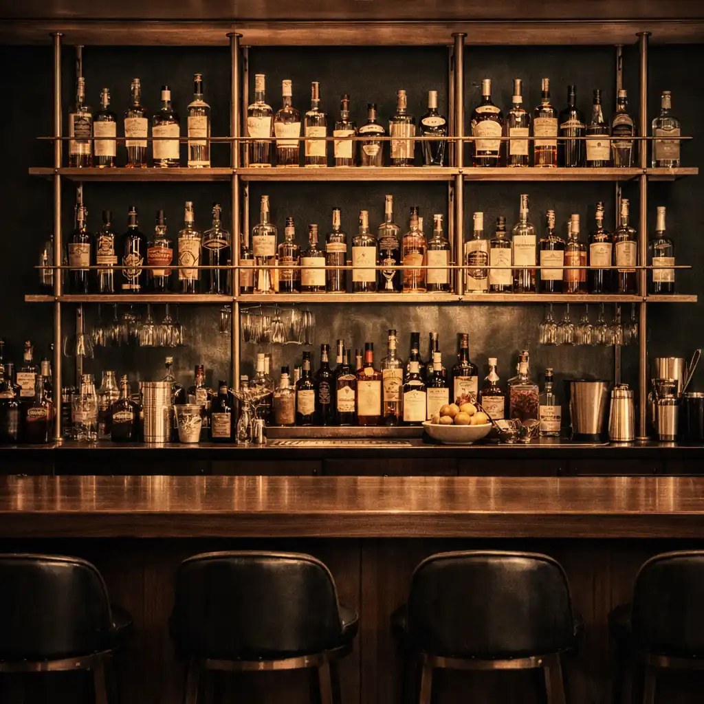 Bar area with walnut counter, brass shelving, and backlit bottles