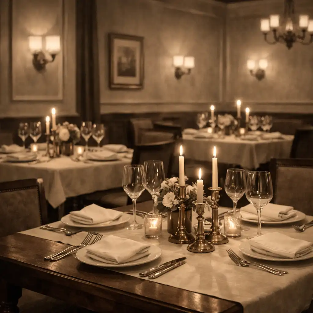 Elegant dining room with dark wood tables, cream linens, and brass candle holders