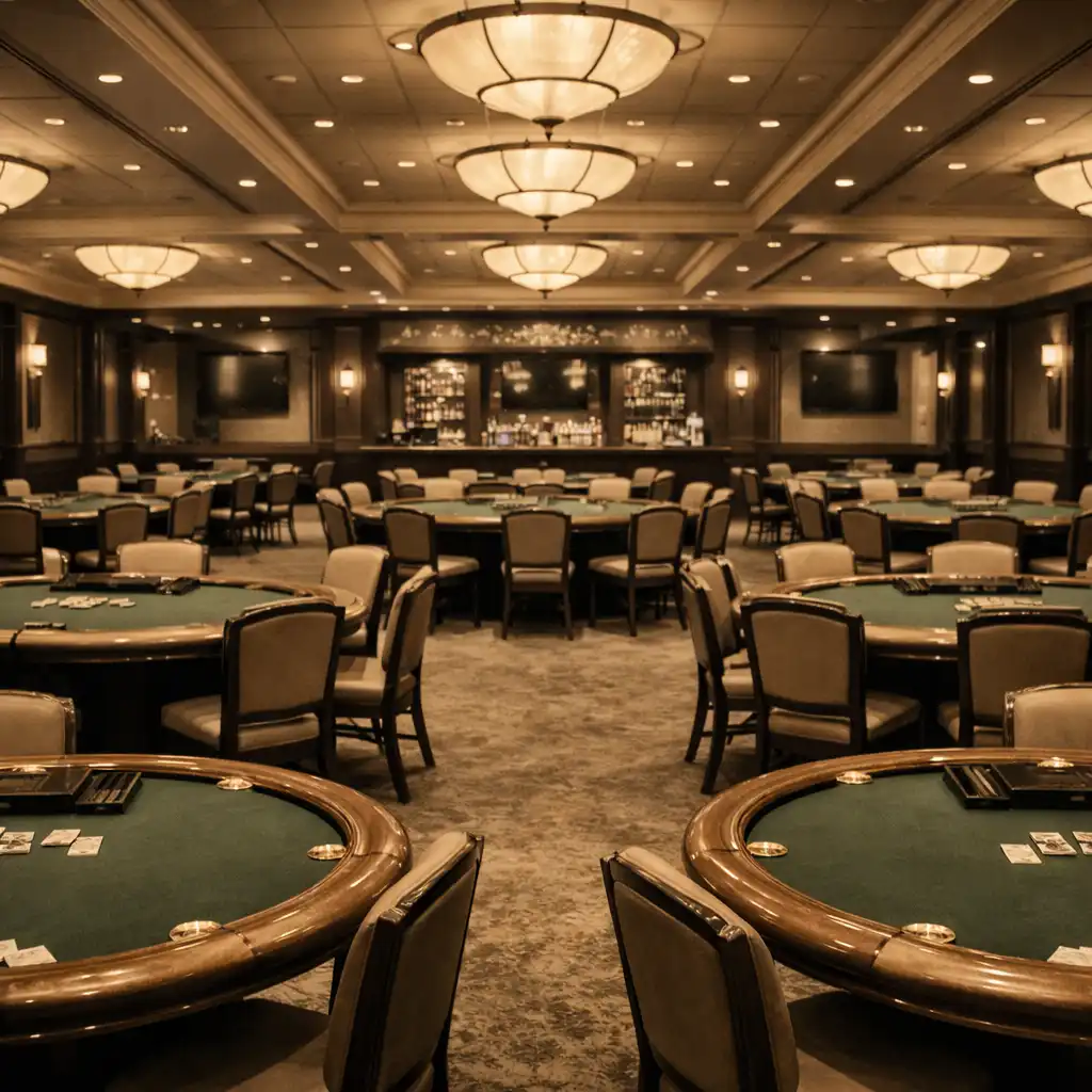 Main poker lounge with multiple tables, green felt, and brass accents
