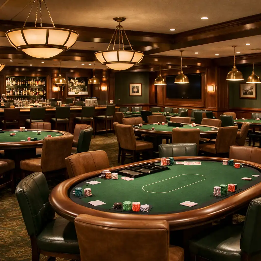 Wide view of the poker lounge interior with multiple tables and a bar area