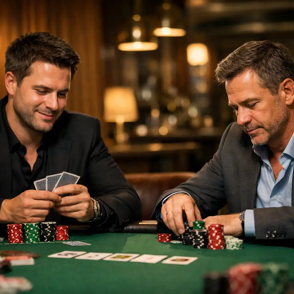 Two players facing each other across a poker table in a warm lounge
