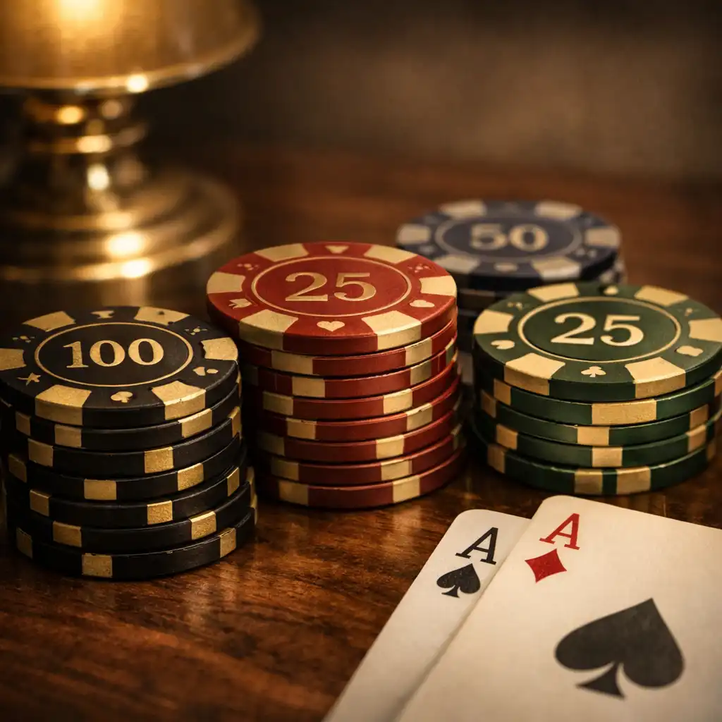 Premium poker chips and playing cards on a walnut table in the Ruleta AR lounge