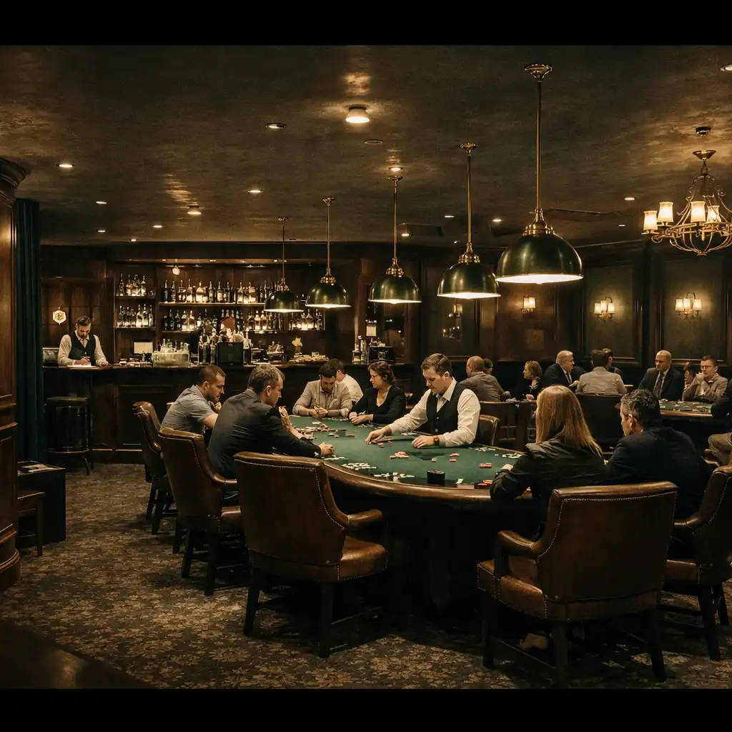 A sophisticated poker lounge with multiple poker tables, players engaged in a game, and warm brass lighting