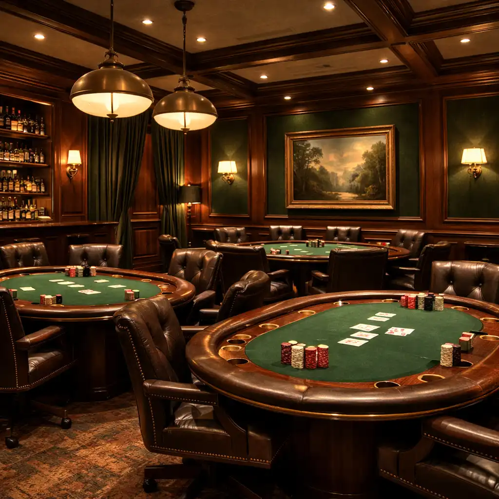 Interior of the Ruleta AR poker lounge with premium tables and walnut wood paneling
