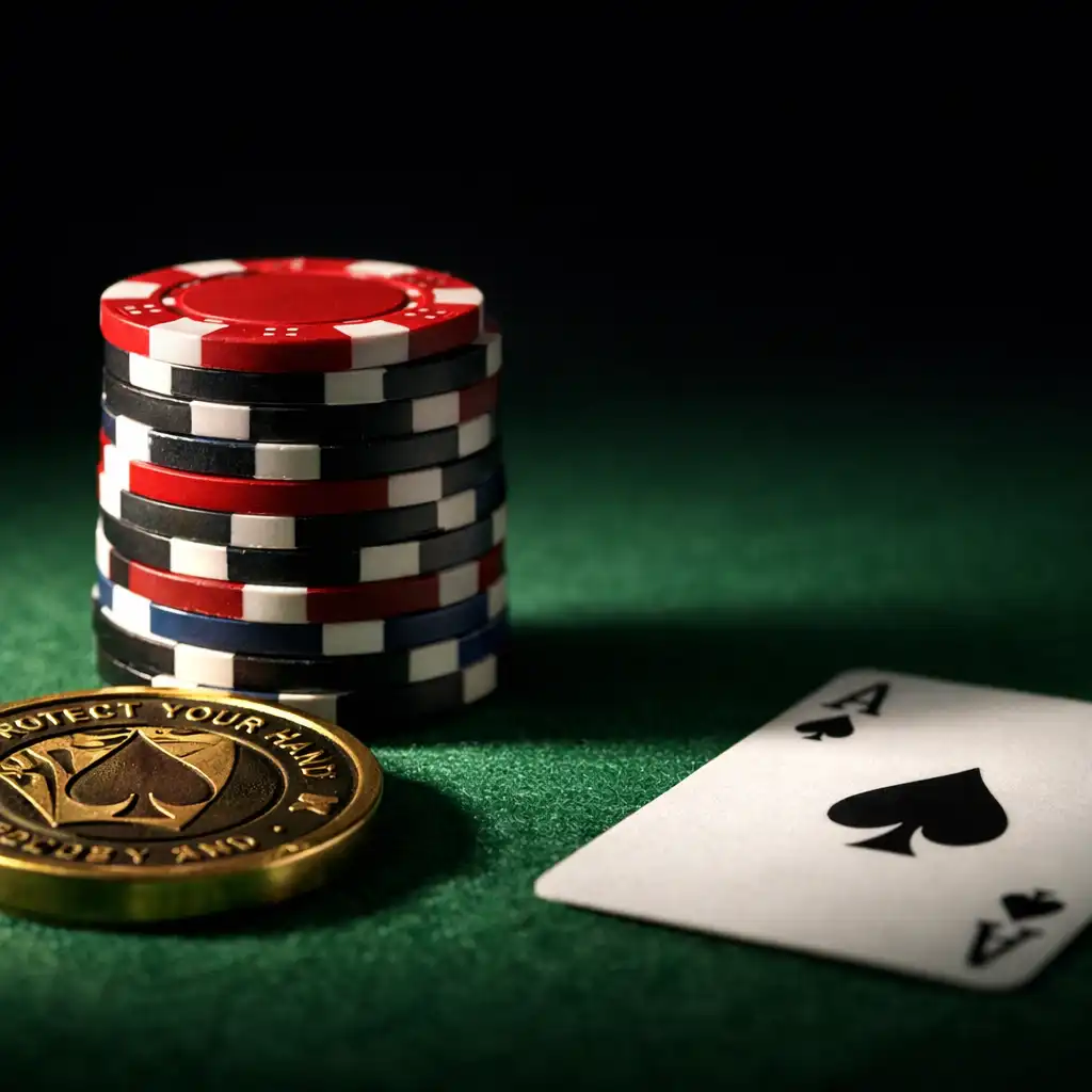 Poker chip stack and brass card guard on green felt