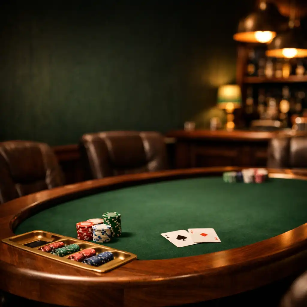 Elegant poker salon table with brass accents and moody lighting