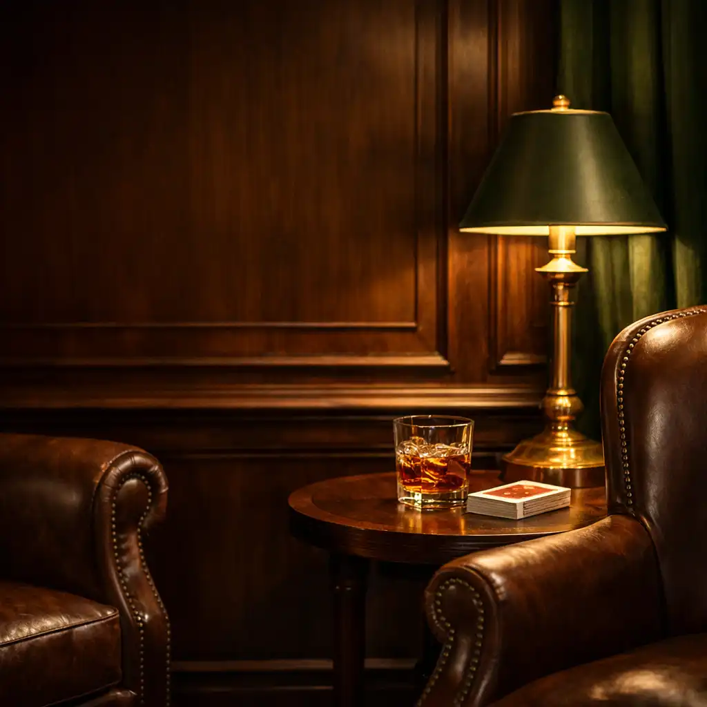 Leather chairs and a side table with whisky in the Poker Salon