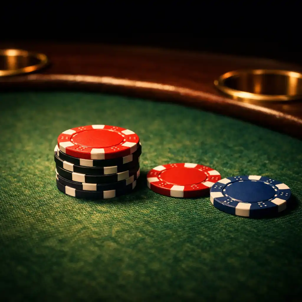 Close-up of a poker table felt with brass cup holders and poker chips