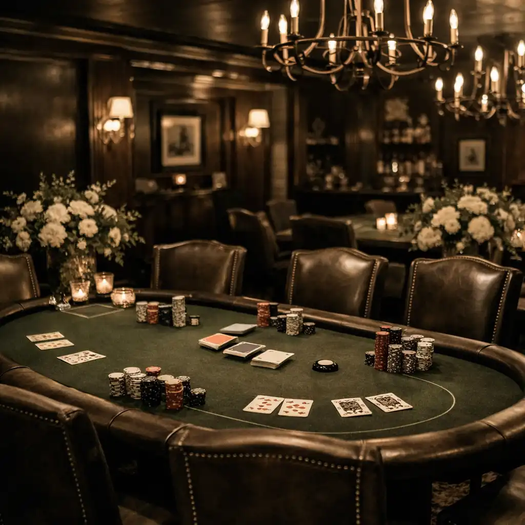 Private event setup with a poker table, elegant chairs, and floral arrangements in the lounge