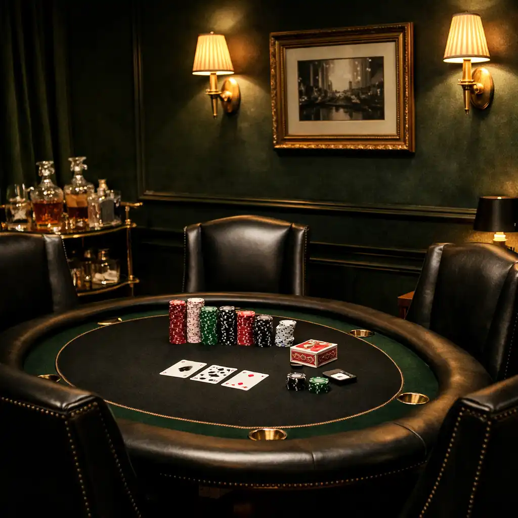 Private card lounge with a poker table, bar cart, and brass sconces