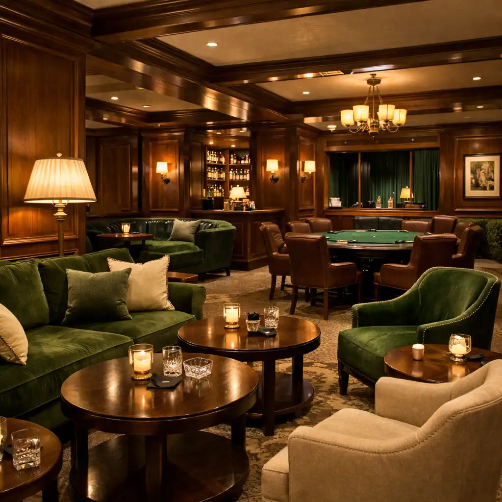Warm lounge area with seating and a poker table in the background