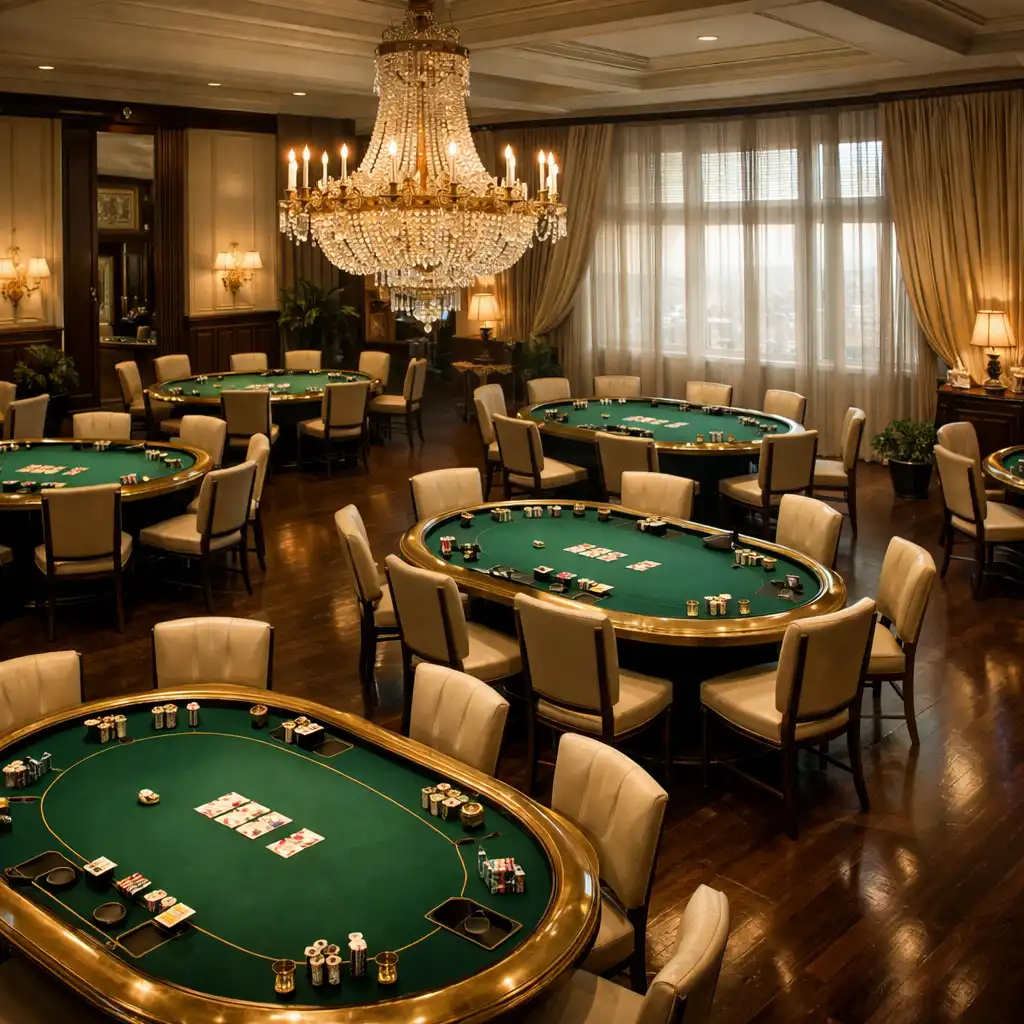 Grand poker salon with multiple tables and a large chandelier