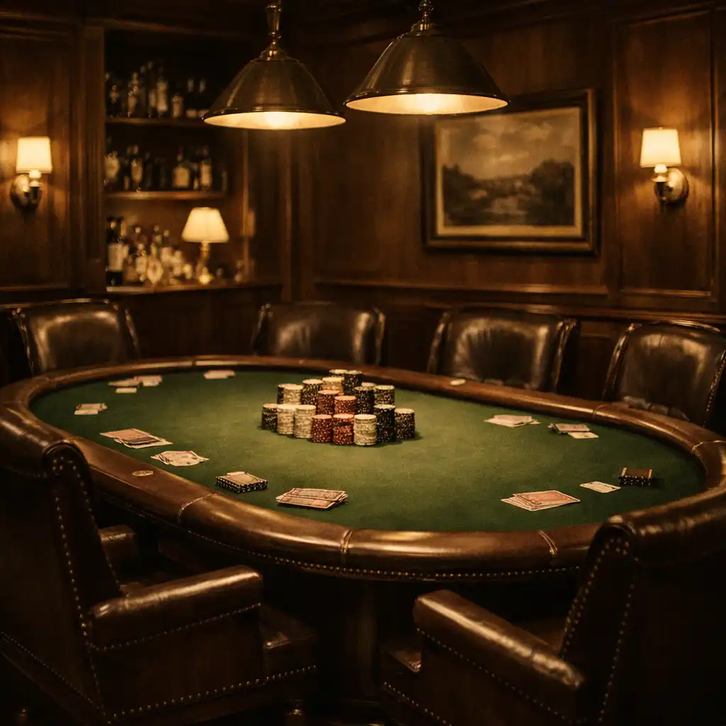 Elegant private poker room with walnut panelling, a single felt table, and leather chairs