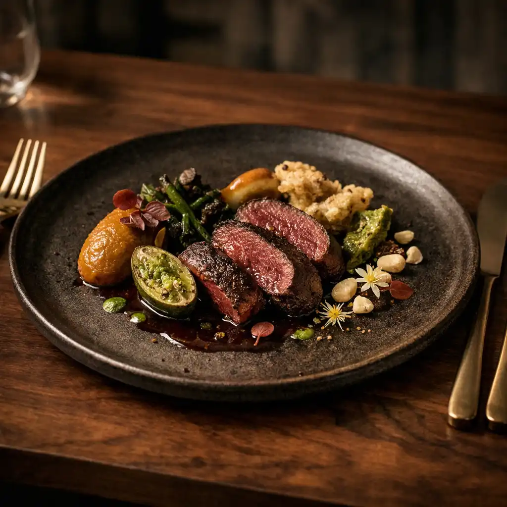 Beautifully plated signature dish on a dark ceramic plate at Ruleta AR restaurant