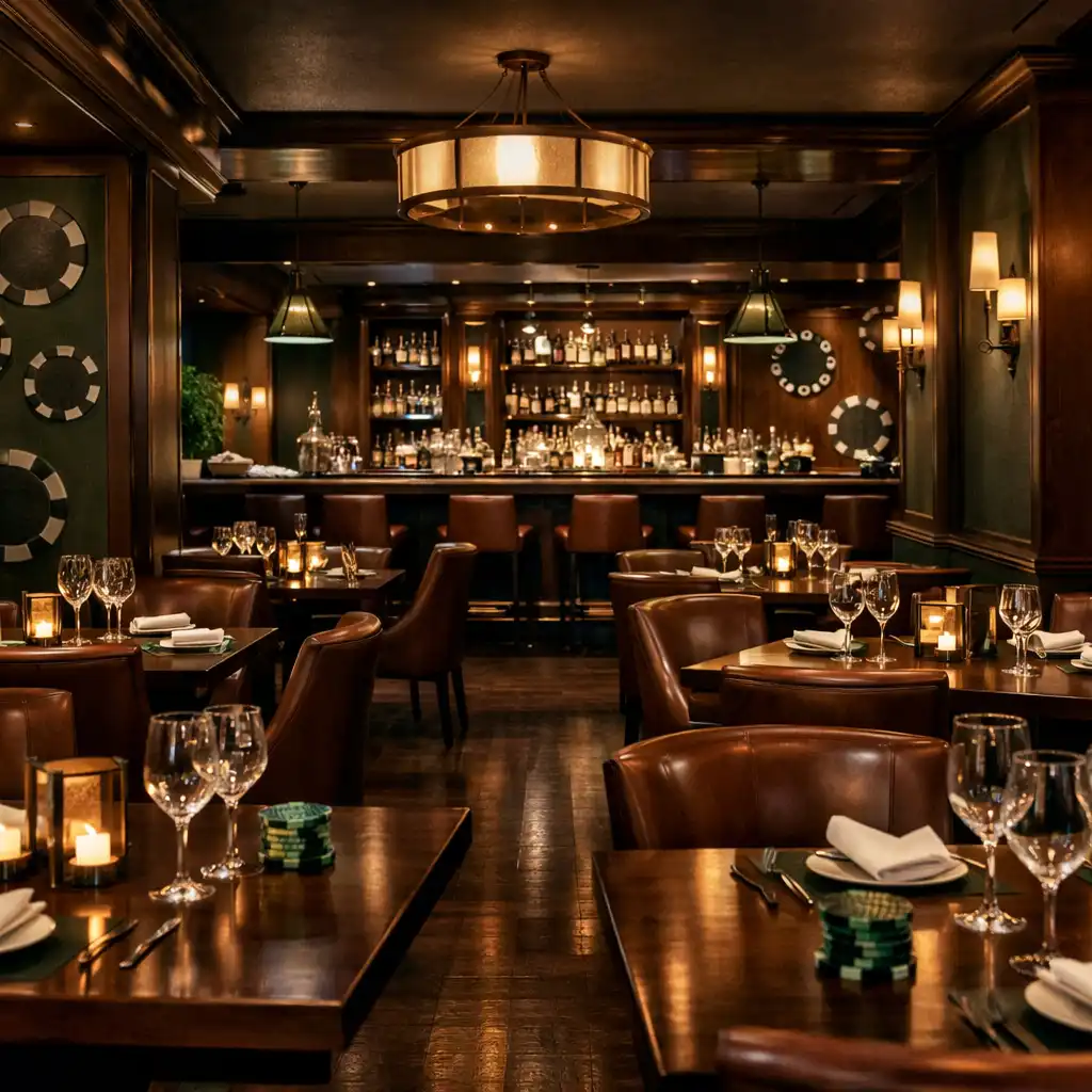 Elegant restaurant interior with dark wood tables, leather chairs, and warm ambient lighting inside Ruleta AR
