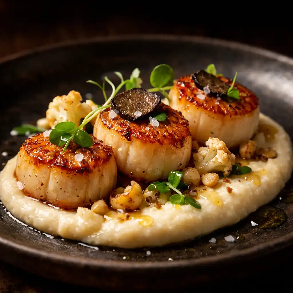 Beautifully plated signature dish with seared scallops, cauliflower purée, and truffle oil