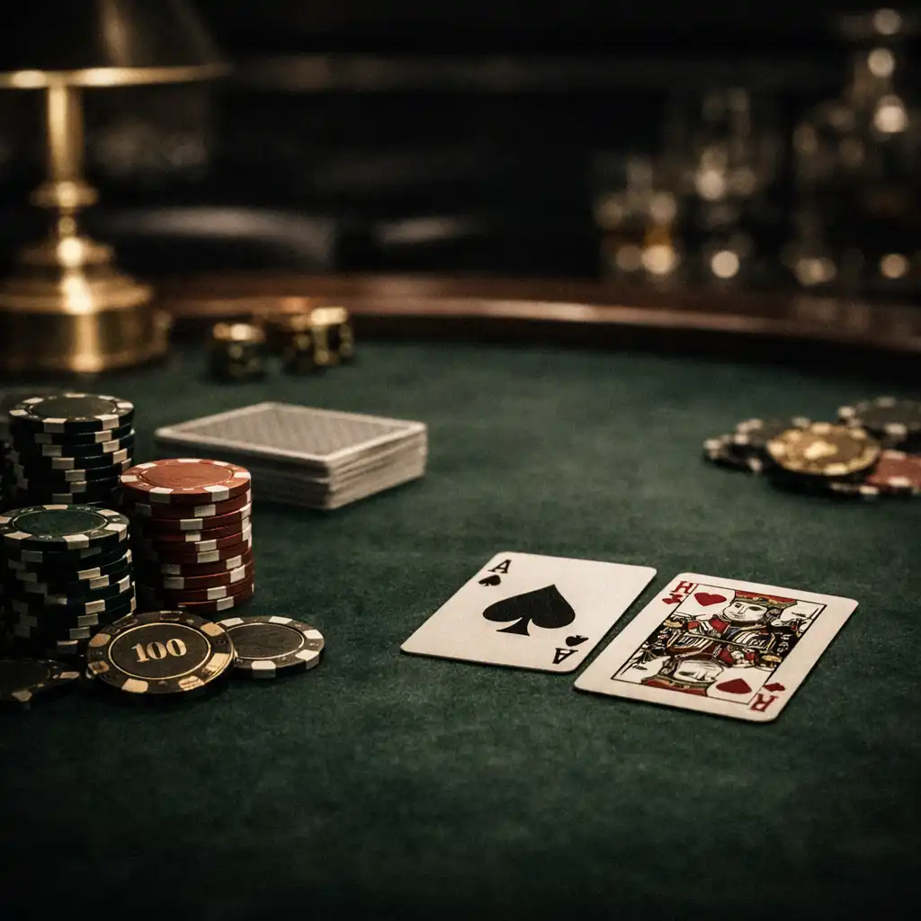 Close-up of a Texas Hold'em poker table with chips and cards on green felt
