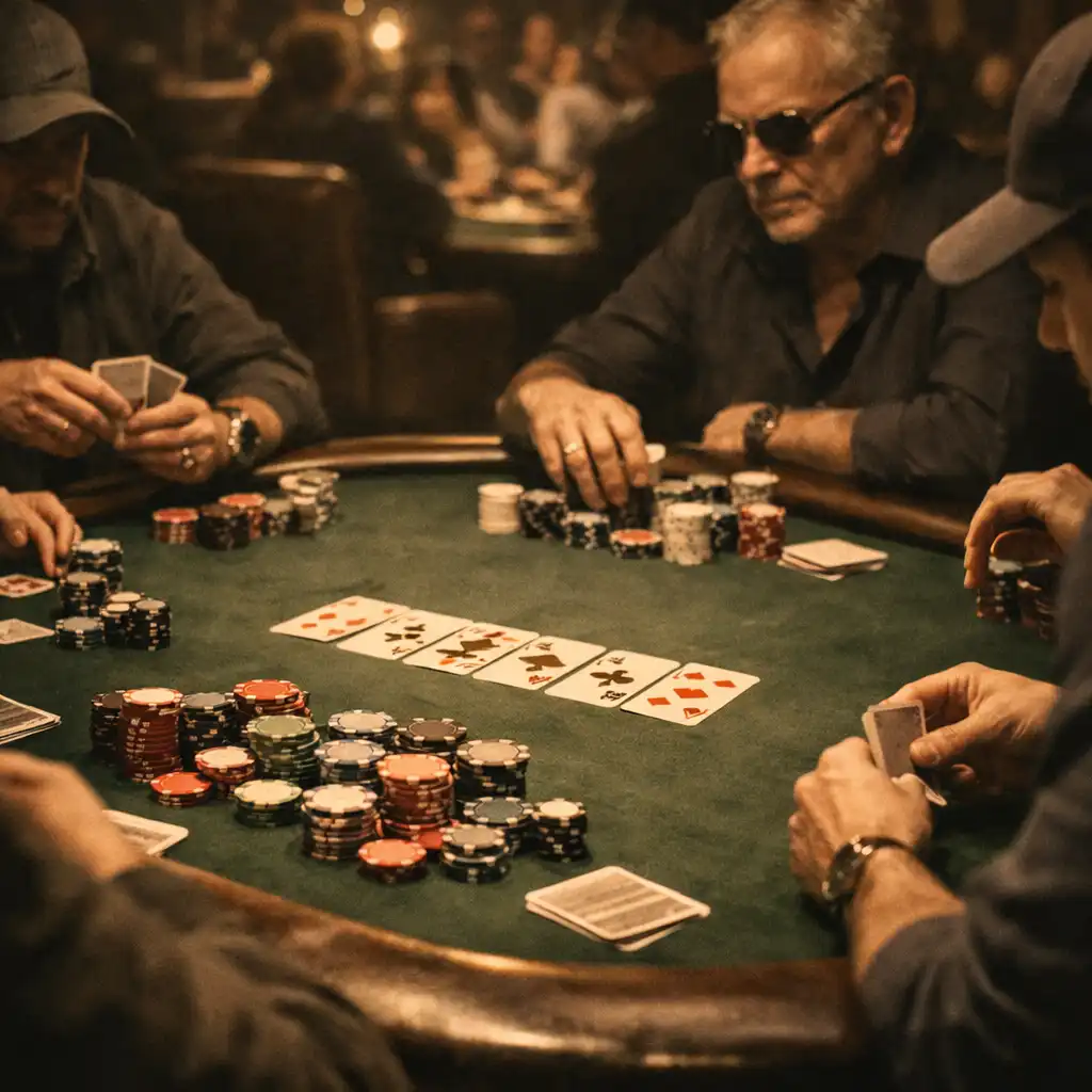 Players focused around a Texas Hold'em tournament table with chips and community cards